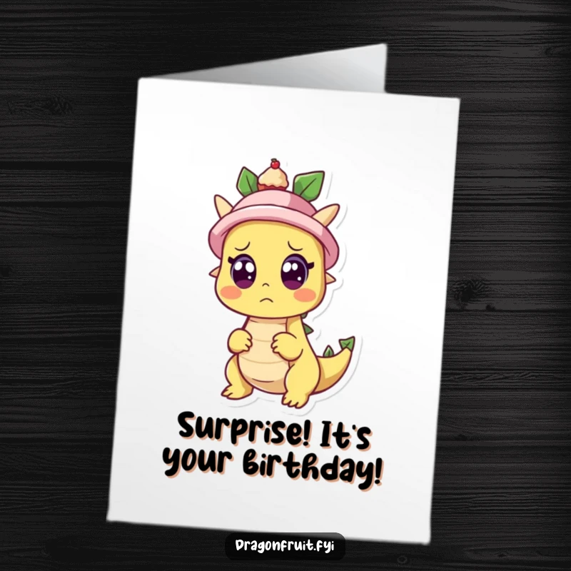 Funny Free Printable Birthday Card: A surprised dragonfruit character with wide eyes watches a tiny cupcake pop from its hat.