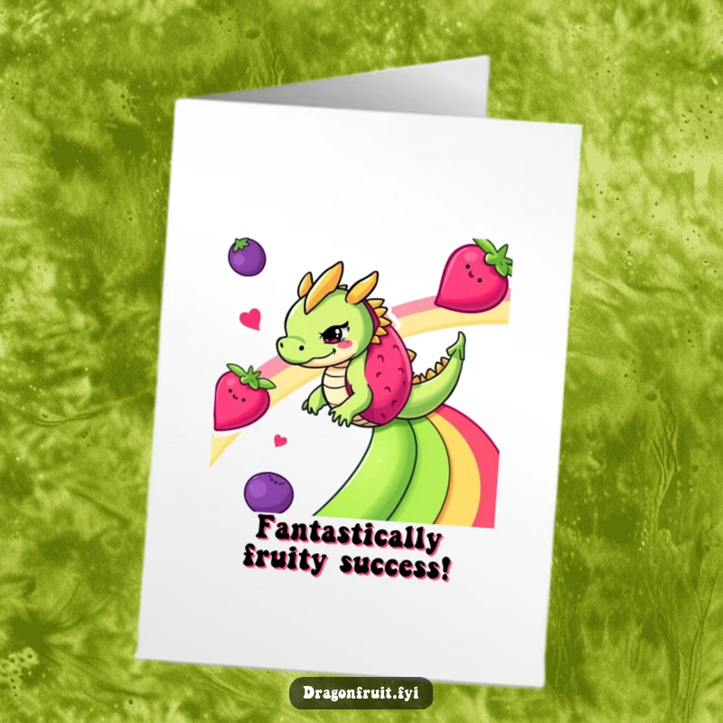 Funny Free Printable Congratulations Card: Mischievous dragonfruit joyfully sliding down a rainbow made of assorted fruits, pure celebration.