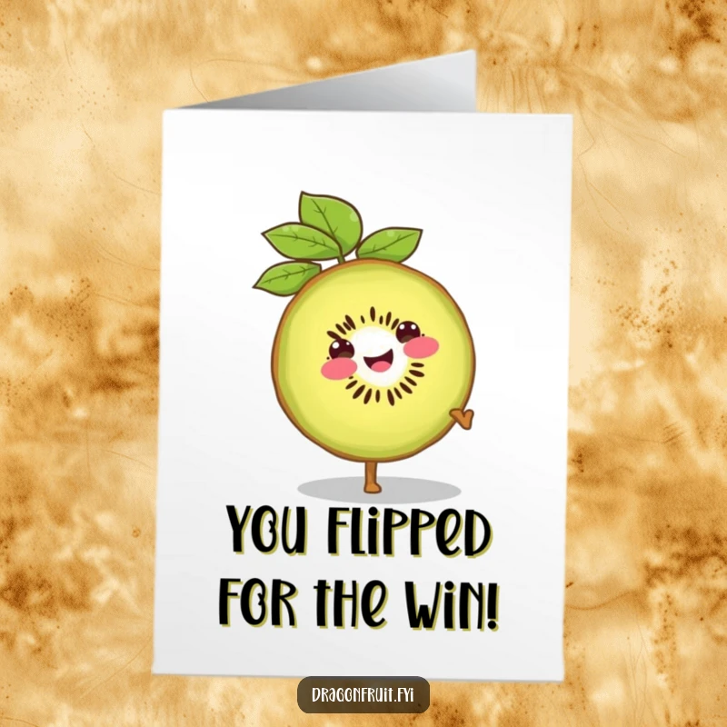Funny Free Printable Congratulations Card: Smiling Kiwi Slice Performing a Confident Cartwheel with its Leafy Top