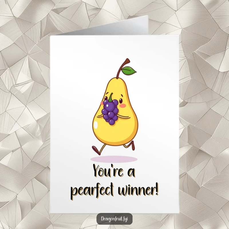Funny free printable congratulations card showcasing a happy pear skipping with a small, musical grape.