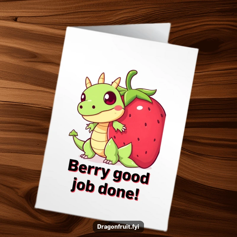 Funny Free Printable Congratulations Card showing a startled dragonfruit character using a giant strawberry as a hiding spot.