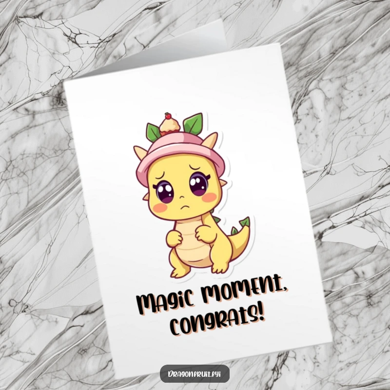 Funny Free Printable Congrats Card: A shocked dragonfruit character sees a tiny cupcake magically appear from its hat, cheering a surprise victory.