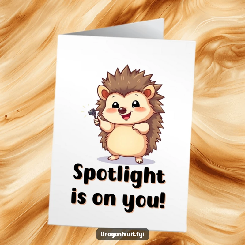 Funny Free Printable Congrats Card with a happy hedgehog striking a dramatic pose in a tiny spotlight, celebrating achievements with flair.