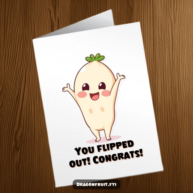 Funny Free Printable Congratulations Card: Joyful Pitaya performing a handstand, celebrating success with a huge smile. A downloadable gift.