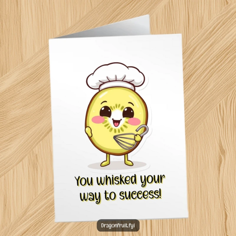 Funny Free Printable Congrats Card: Smiling kiwi slice wearing a tiny chef hat, whisking batter, a symbol of sweet victory.