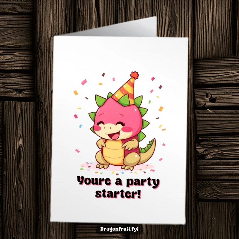 Funny Free Printable Congratulations Card: Dragonfruit wearing party hat with confetti, giggling downloadable.