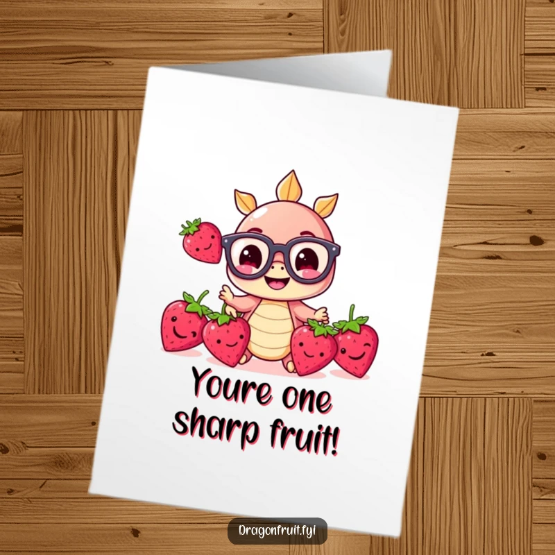 Funny Free Printable congrats card: dragonfruit in glasses juggles strawberries, a quirky way to say well done.