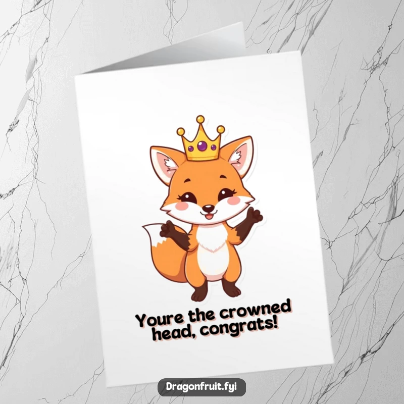 Funny Free Printable Congrats Card featuring a regal fox in a crown, dramatically posing to celebrate exciting news, a true downloadable gem.