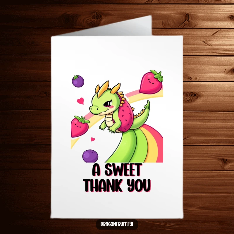 Funny Free Printable Thank You Card: Mischievous dragonfruit sliding down a colorful fruit rainbow, a delightful thank you.