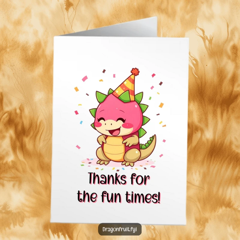 Funny Free Printable Thank You Card: Dragonfruit with party hat and confetti, giggling downloadable message.