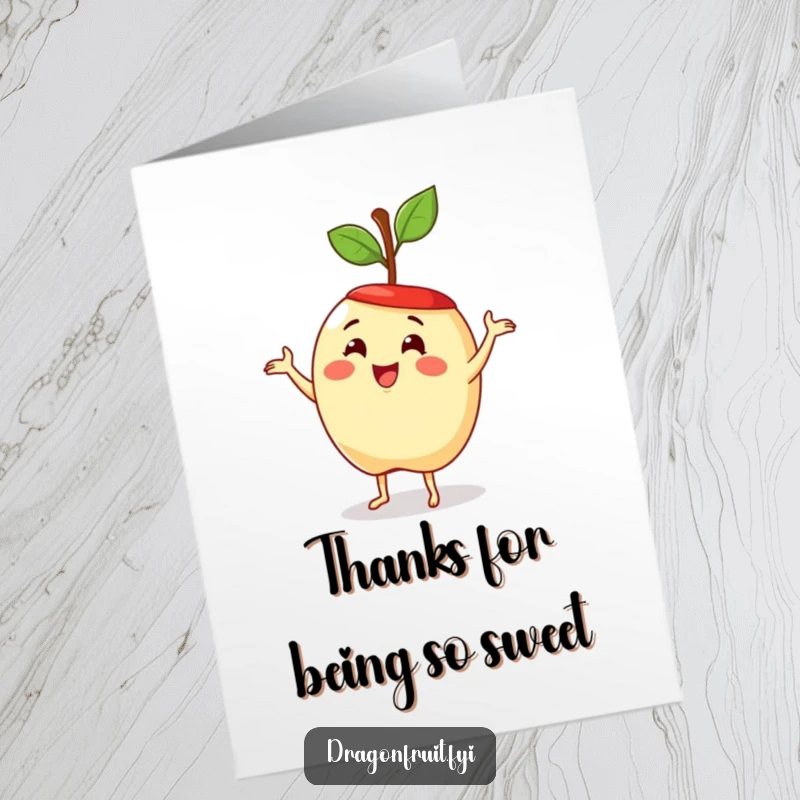 Funny free printable thank you card of a delighted apple with a stem hat busting out some silly dance moves.