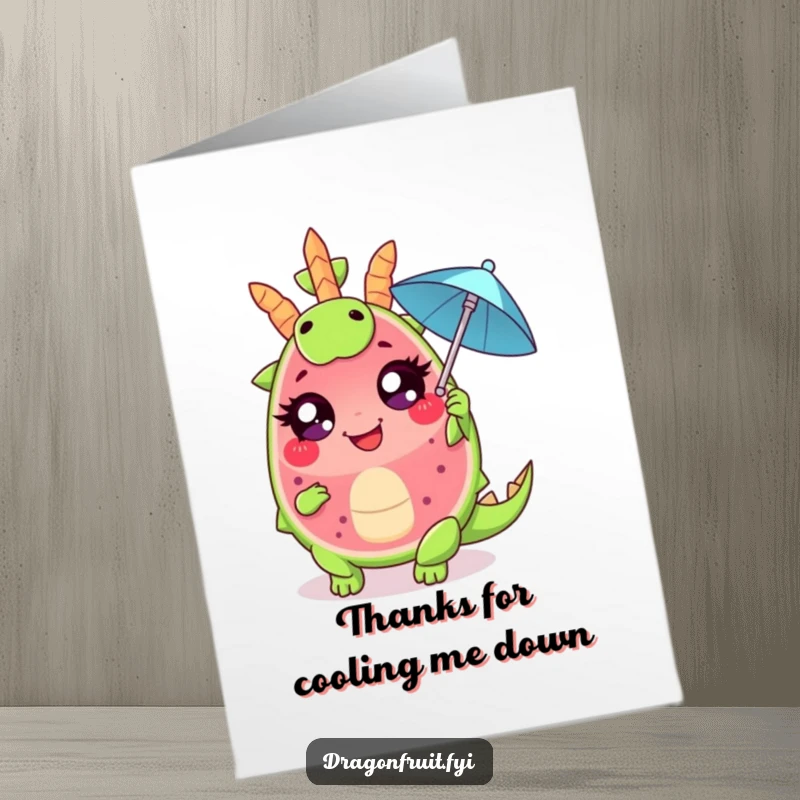 Funny Free Printable Thank You Card: A giggling dragonfruit with big eyes fans itself, sending cool thanks your way.
