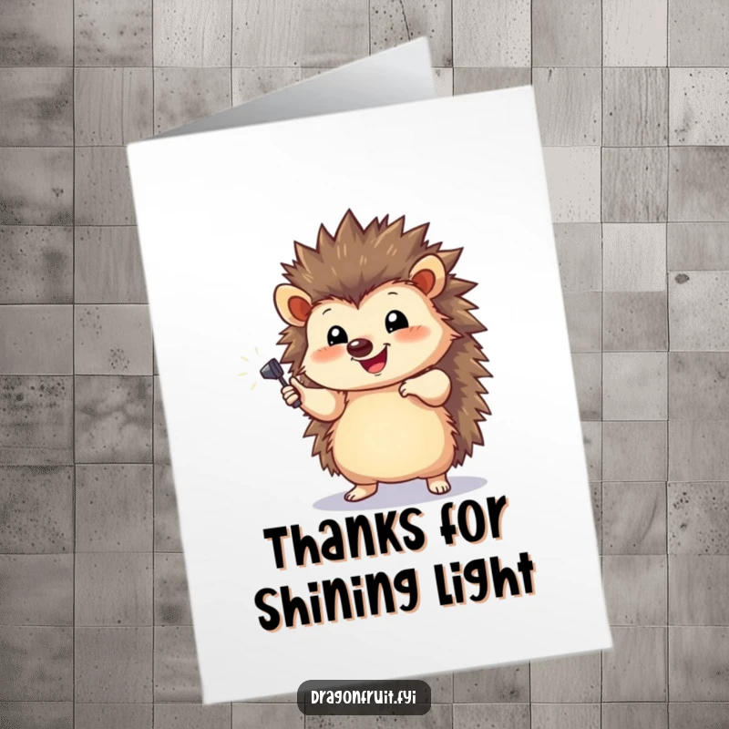 Funny Free Printable Thank You Card featuring a happy hedgehog striking a dramatic pose under a tiny spotlight, expressing thanks humorously.