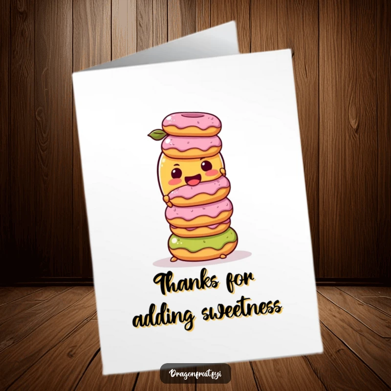 Funny free printable thank you card with a mango character balancing donuts, sending sweet gratitude with a humorous touch.