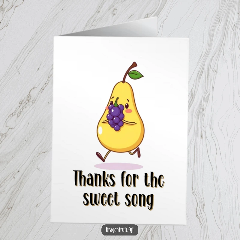 Funny free printable thank you card of a cheerful pear skipping happily, holding a singing grape.