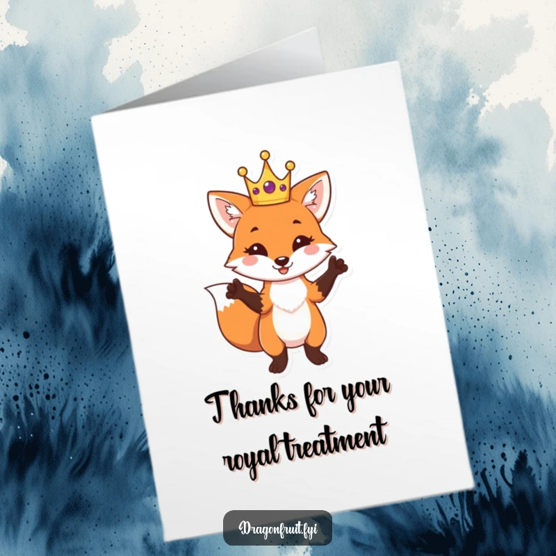 Funny Free Printable Thank You Card with a crowned fox striking a dramatic pose, conveying gratitude with hilarious flair, a unique downloadable.