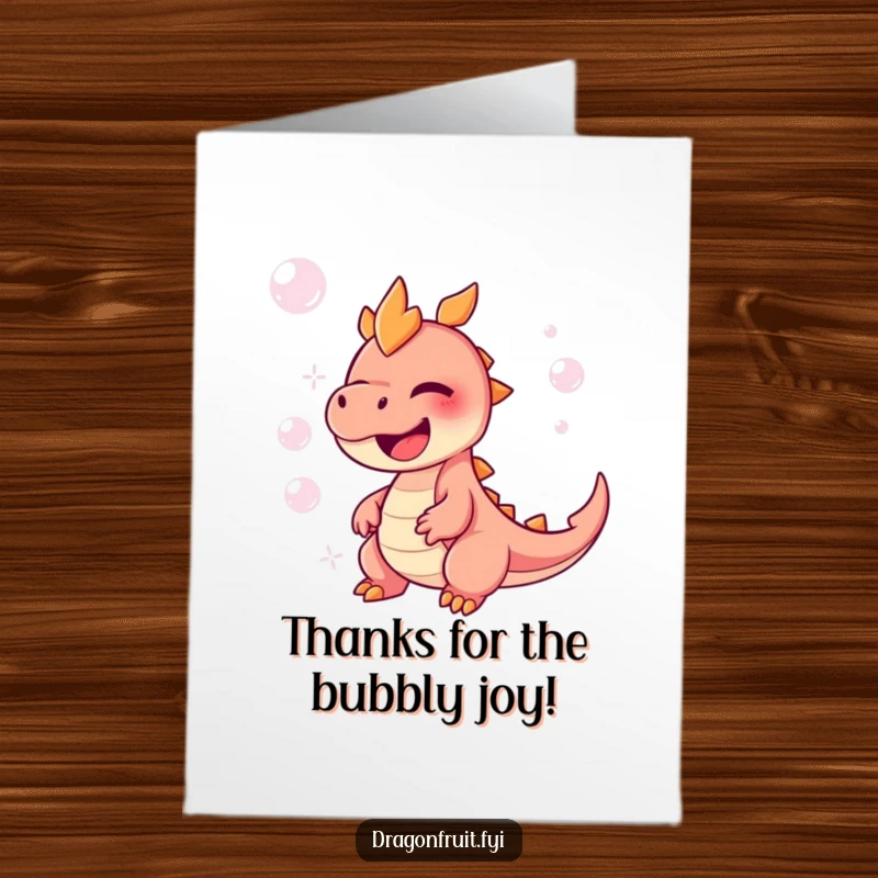 Funny free printable thank you card: a dragonfruit character erupting in uncontrollable laughter, surrounded by a sea of bubbles.
