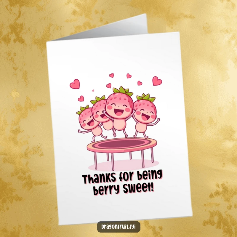 Funny Free Printable Thank You Card featuring a happy bunch of raspberries bouncing joyfully.