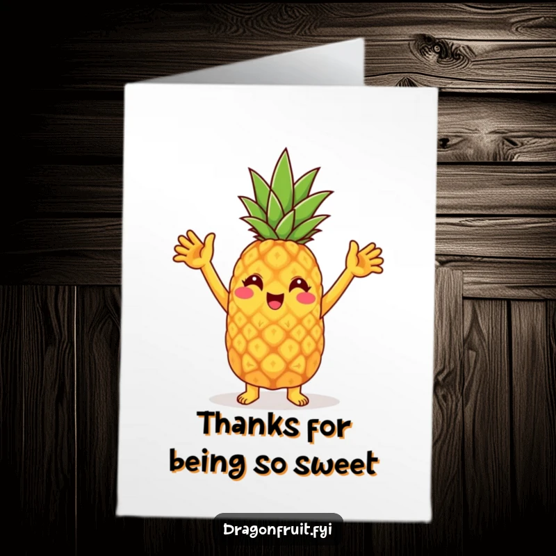 Funny Free Printable Thank You Card: Cheerful pineapple character doing a silly dance with raised arms, a humorous way to say thanks.