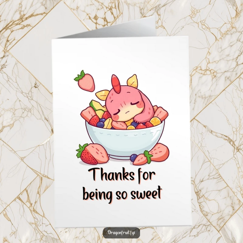 Funny Free Printable Thank You Card: Sleepy dragonfruit character snoozing in a fruit salad bowl, a delightful DIY gift.