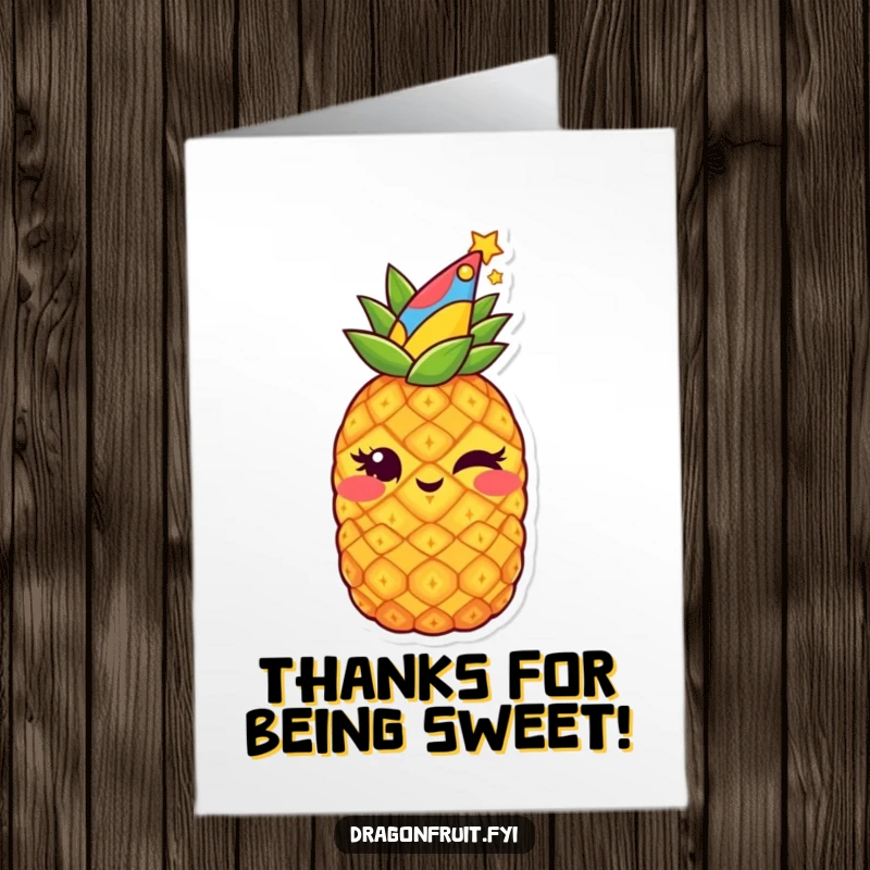 Funny Free Printable Thank You Card: Starry Pineapple Wearing a Party Hat, Winking Mischievously