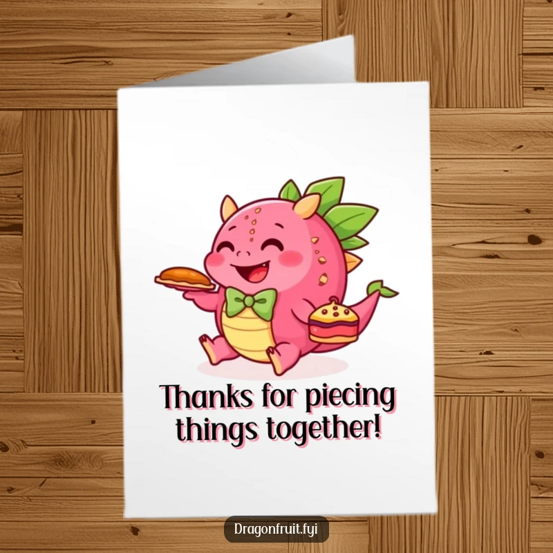 Funny Free Printable Thank You Card featuring a happy dragonfruit in a bowtie tripping while holding a pie.