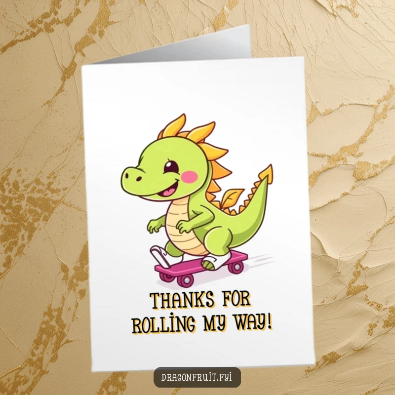Funny Free Printable Thank You Card: Energetic dragonfruit on skates, sending thanks, speedy gratitude, downloadable art.