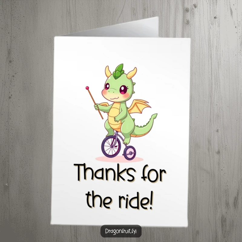 Funny Free Printable Dragonfruit Thank You Card: Balancing on a unicycle, waving a flag, expressing thanks with charm.