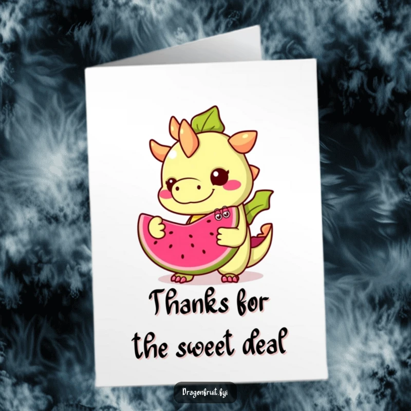 Funny Free Printable Thank You Card: A dragonfruit with googly eyes offers a piece of itself, a quirky thank you.