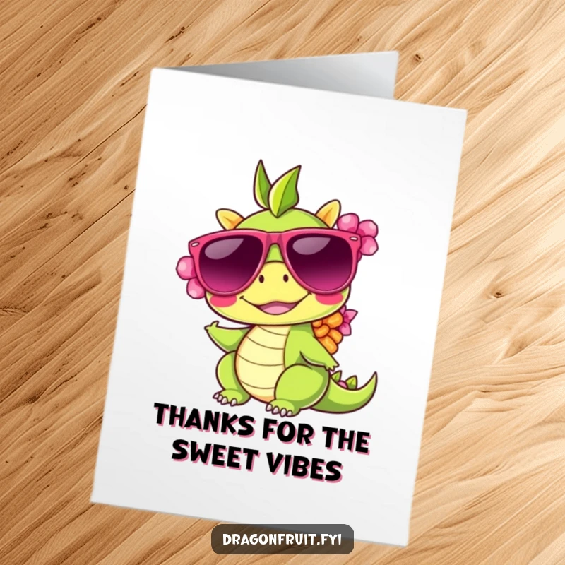 Funny Free Printable Thank You Card: A smiling dragonfruit wearing sunglasses and a lei, sending tropical gratitude.