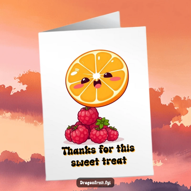 Funny free printable thank you card with a winking orange slice jumping over tiny, laughing raspberries.