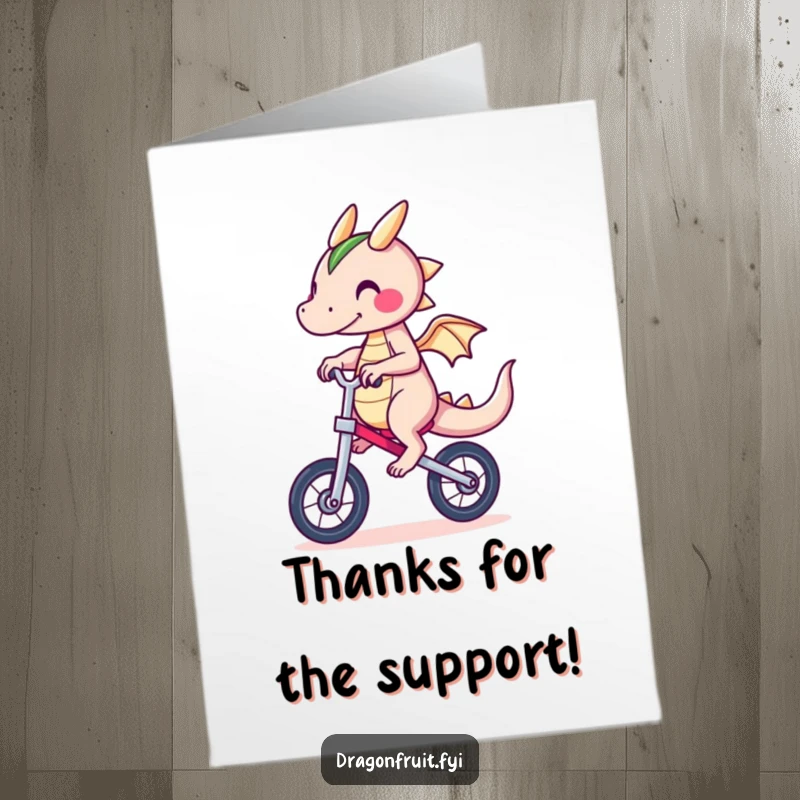 Funny free printable thank you card: a dragonfruit character teetering comically as it rides a unicycle.