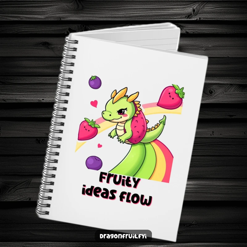 Funny mischievous dragonfruit sliding down a fruit rainbow on the cover of a notebook for creative inspiration.