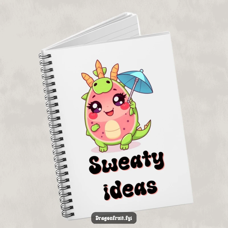 Funny notebook cover showing a giggling dragonfruit wedge with large eyes, dramatically fanning itself with a tiny cocktail umbrella, inspiring theatrical creativity.