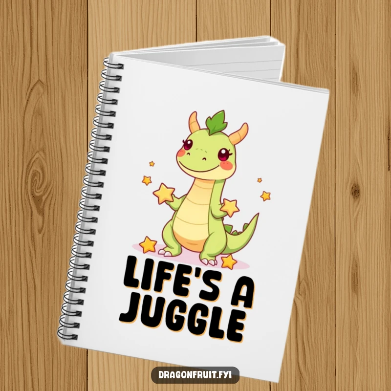 Funny notebook designed with a playful dragonfruit character with legs juggling starfruit, perfect for note-taking.