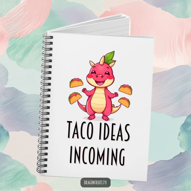 Funny notebook cover featuring a happy dragonfruit character juggling three small, lively dancing tacos, inspiring creative writing.