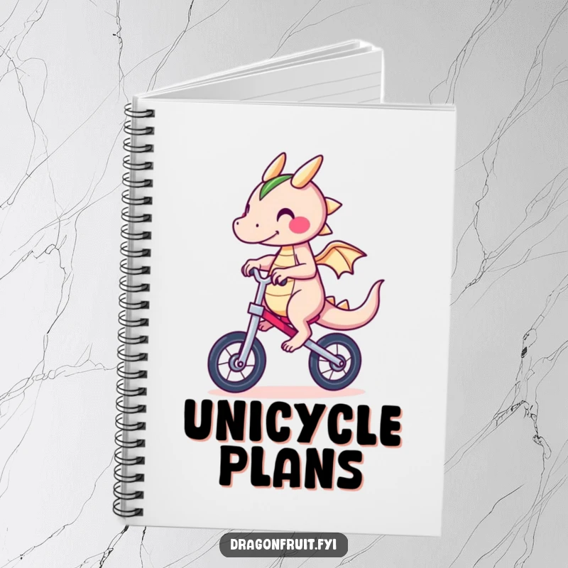 Funny Dragonfruit Notebook featuring a character hilariously wobbling on a unicycle, perfect for note-taking with a humorous twist.