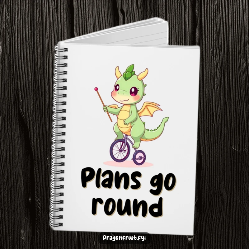 Funny dragonfruit notebook, character balancing on a tiny unicycle, waving a small flag, ideal for notes and doodles.