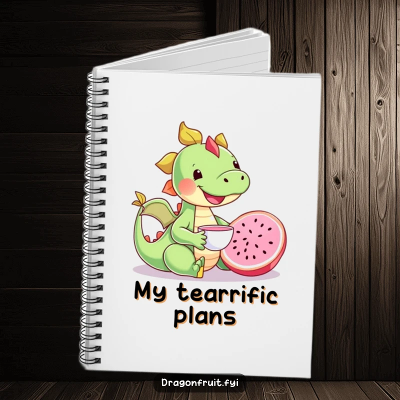 Funny happy dragonfruit character enjoying a tea party with a tiny teacup, a humorous and cute notebook.
