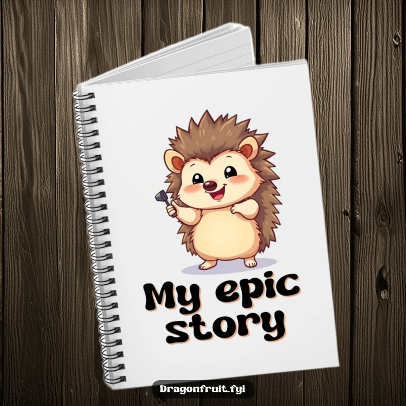 Funny Hedgehog Spotlight Notebook with a happy hedgehog striking a dramatic pose under a tiny spotlight, for notes.