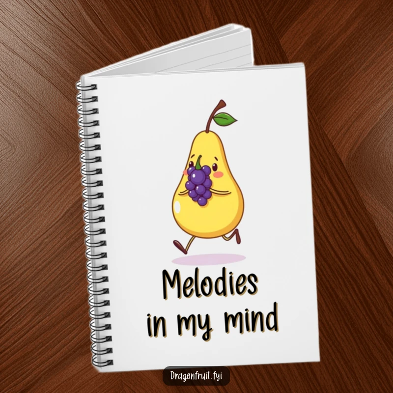 Funny notebook with a cheerful pear skipping with a small grape singing. Ideal for jotting down happy thoughts.