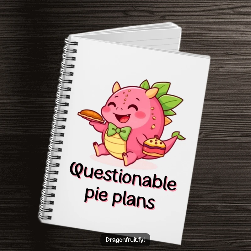Funny notebook cover shows a happy dragonfruit chef tripping while holding a pie, perfect for humorous note-taking.