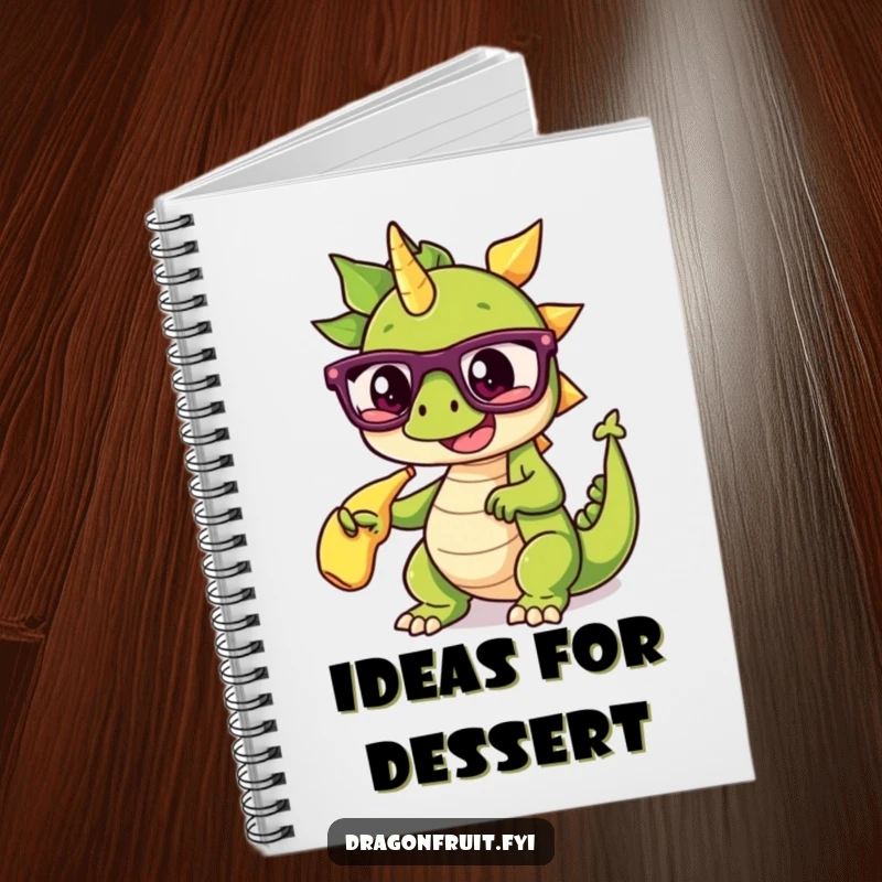 Funny notebook showing a dragonfruit wearing glasses, dramatically pointing at a banana split, ideal for creative note-taking.