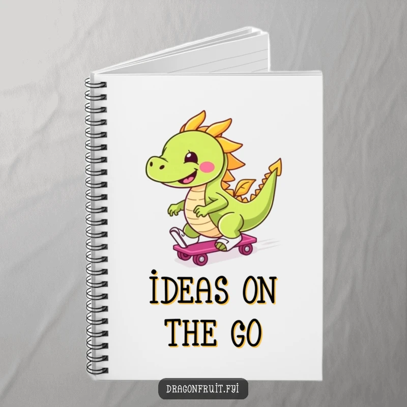 Funny notebook with a design of a smiling dragonfruit character wearing roller skates, ready to zoom through notes and ideas.