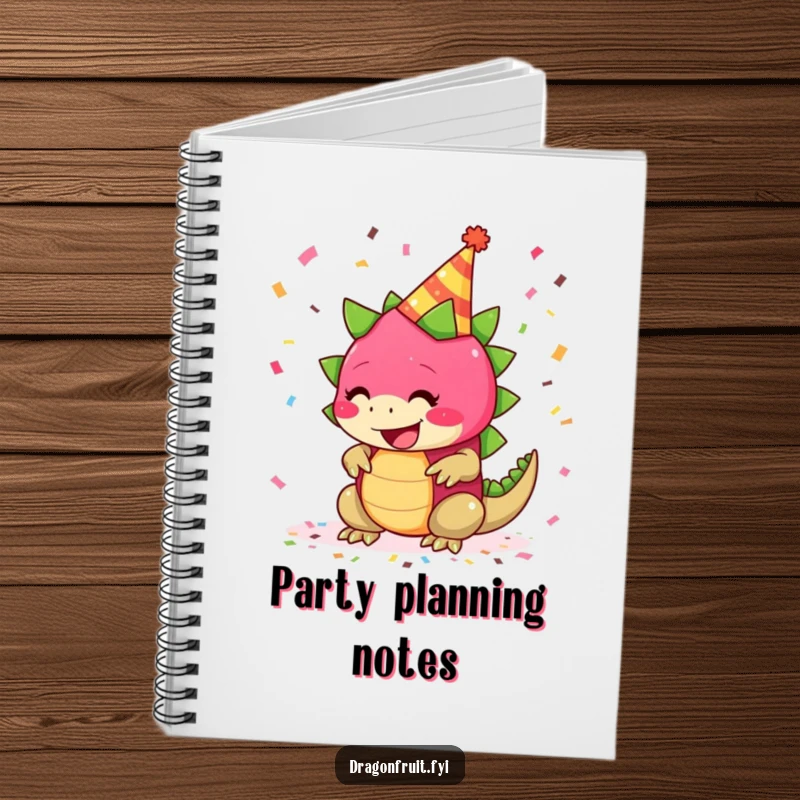 Funny notebook depicting a giggling dragonfruit in a party hat with confetti, for jotting down joyful notes.