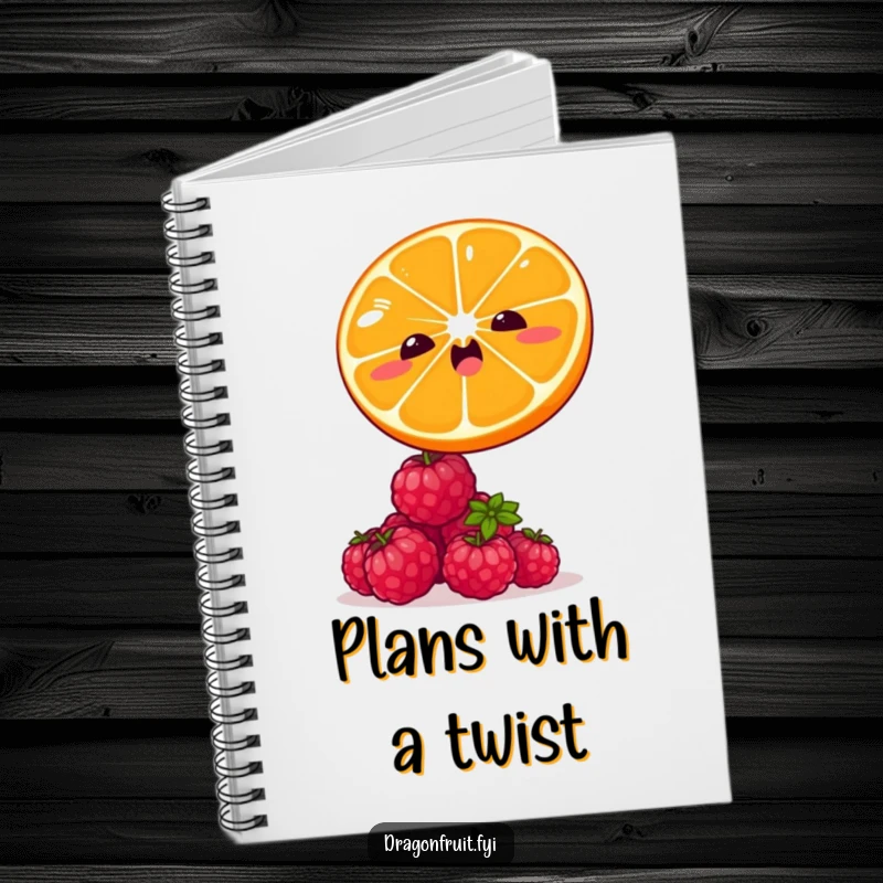 Funny notebook with a winking orange slice leaping over giggling raspberries. Ideal for jotting down zesty ideas.