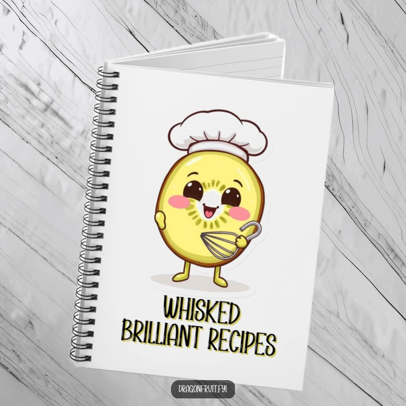 Funny notebook cover featuring a smiling kiwi slice wearing a chef hat, whisking batter, symbolizing delicious ideas.