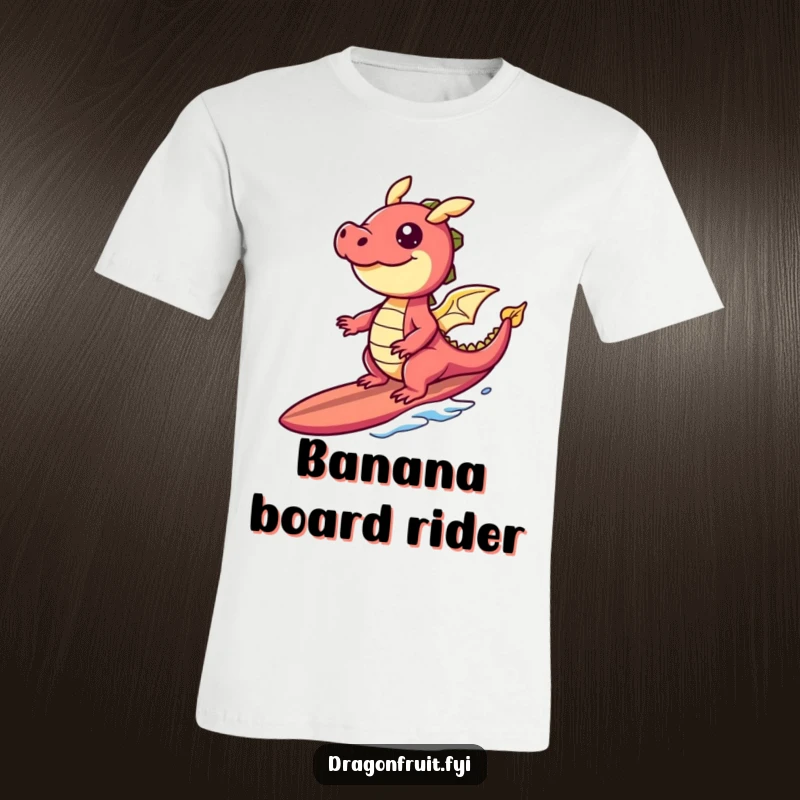 Funny t-shirt featuring a giggling dragonfruit character effortlessly surfing on a surfboard crafted from banana slices, beachy fun.