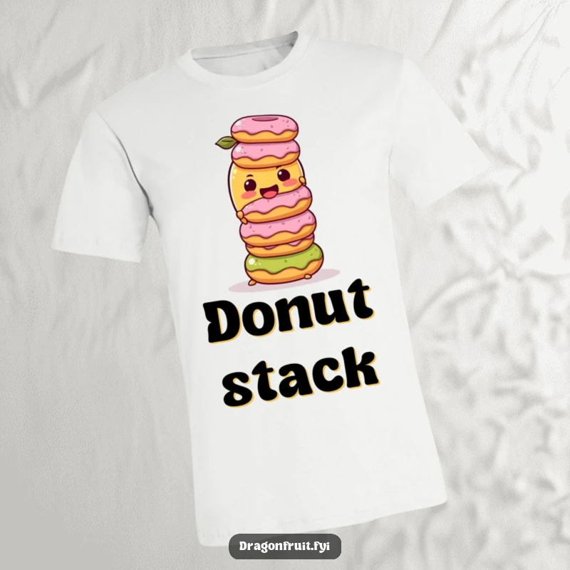 Funny T-Shirt: A determined mango character attempting to balance an unstable stack of donuts, showcasing sweet struggle and fruity fun.