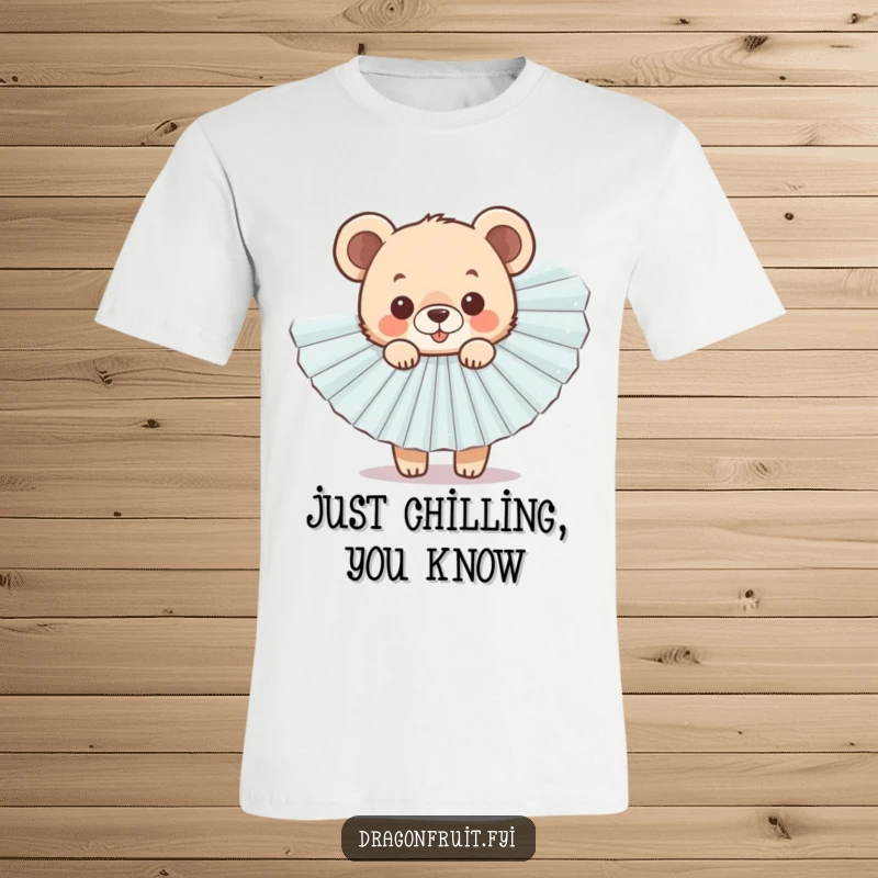 Funny Bear Cub Fan T-Shirt with a cheerful cub peeking from behind a sparkly fan, perfect for casual wear.